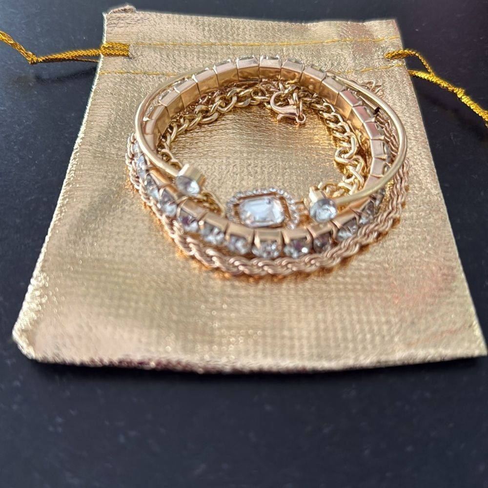 4 Gold Tone Bracelet Set with Crystals – Cuff, Tennis, Chain, Stretch - Picture 10 of 10
